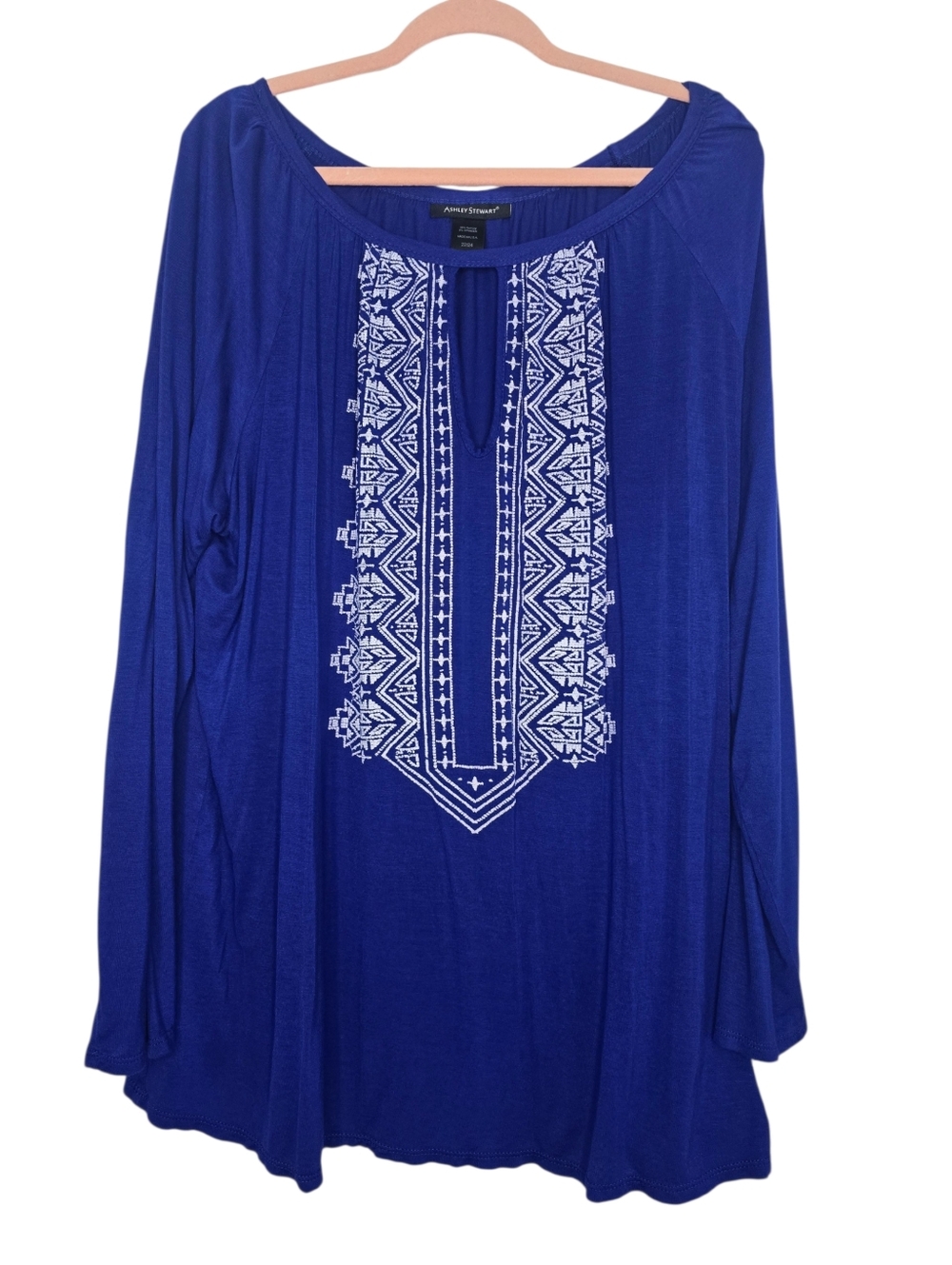 Ashley Stewart navy blue embroidered top with a split neck design